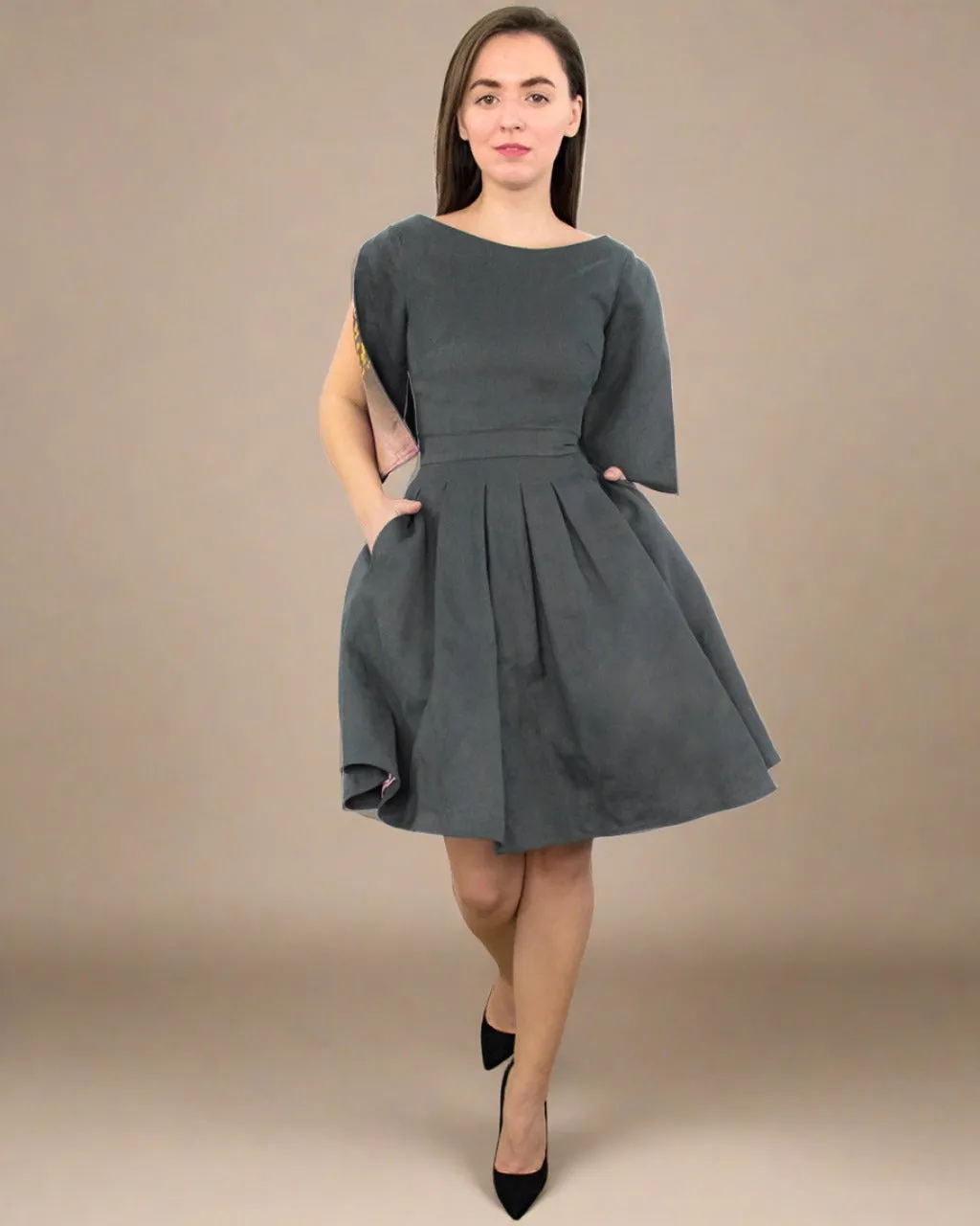 Candida Grey Skater Dress with Pockets - Hemp Dress