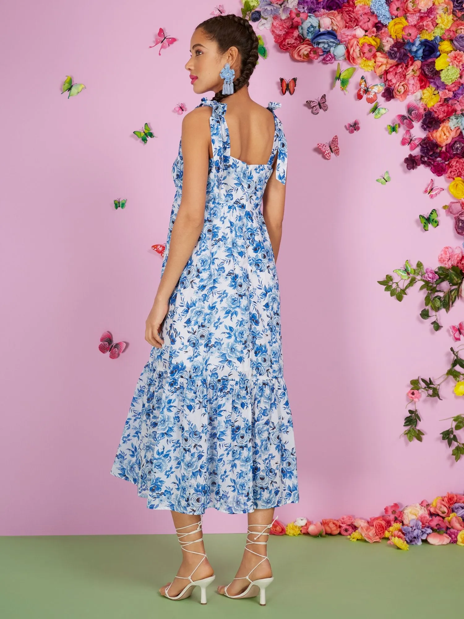 Floral Tie-Sleeve Tiered Maxi Dress