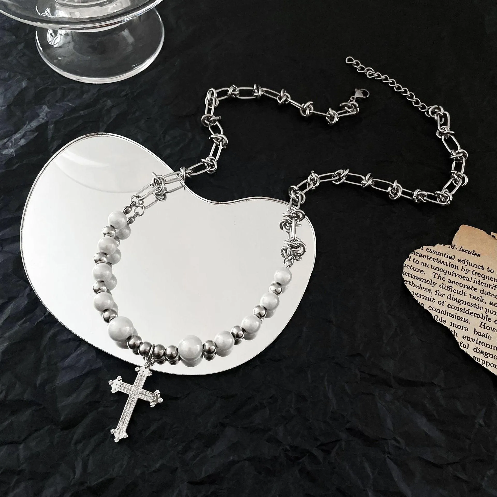 Reflective Pearl Cross Necklace
