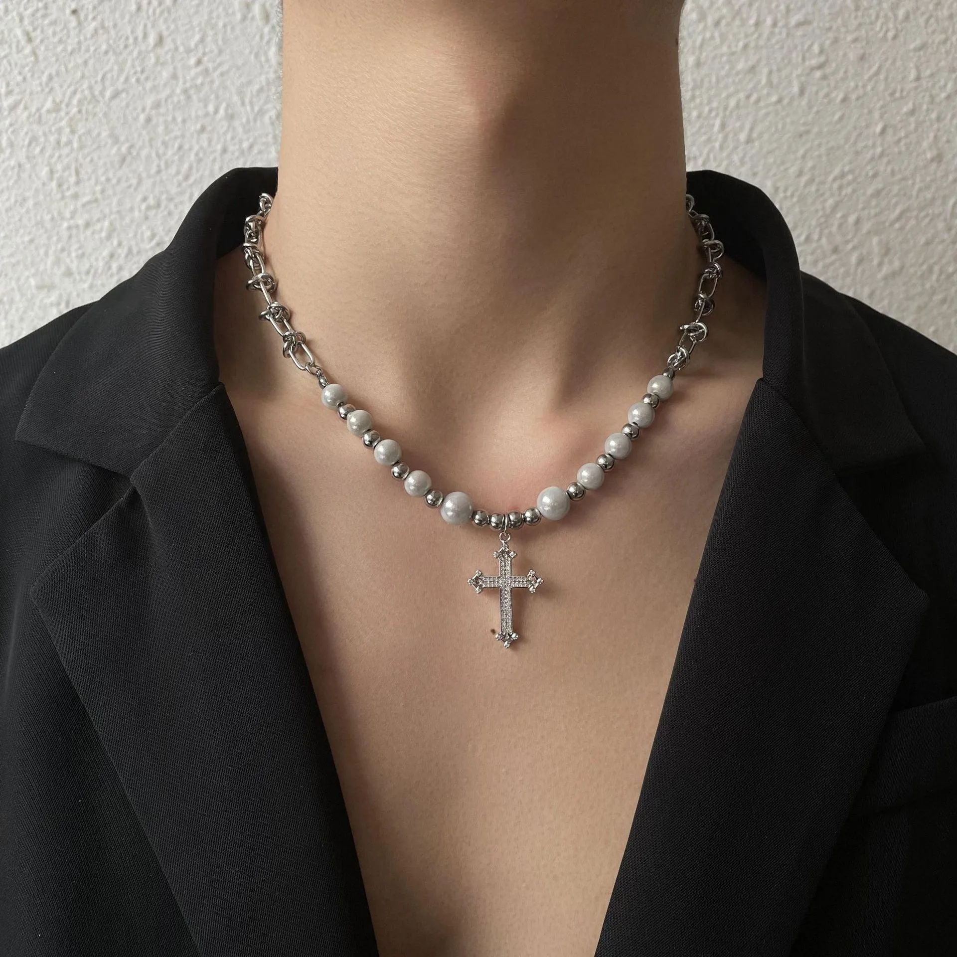 Reflective Pearl Cross Necklace