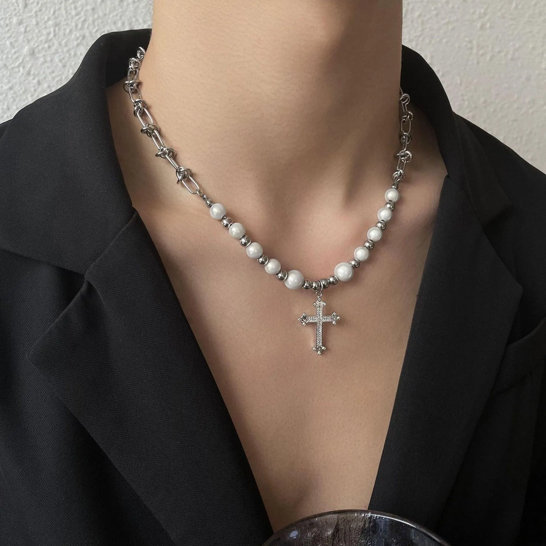 Reflective Pearl Cross Necklace