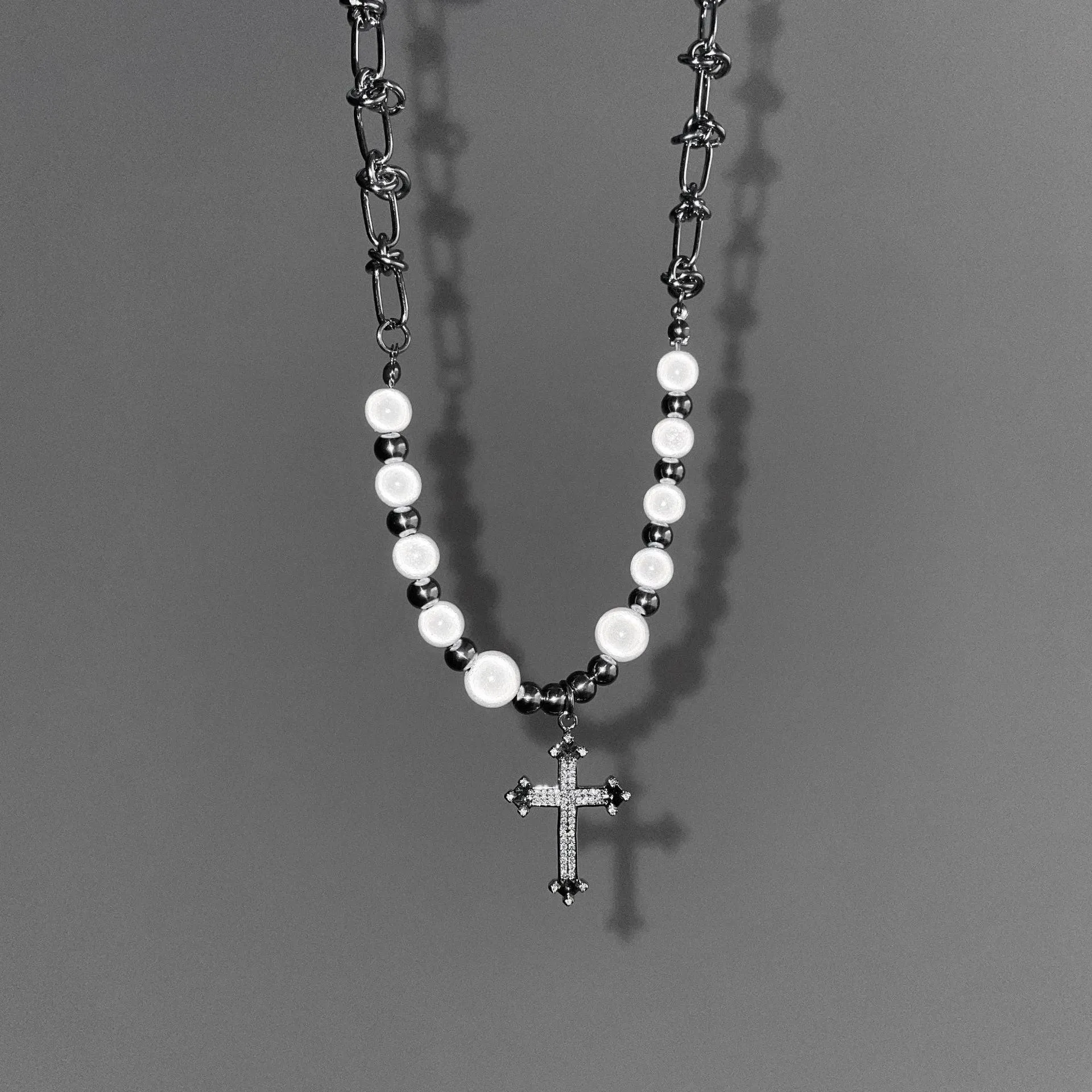 Reflective Pearl Cross Necklace