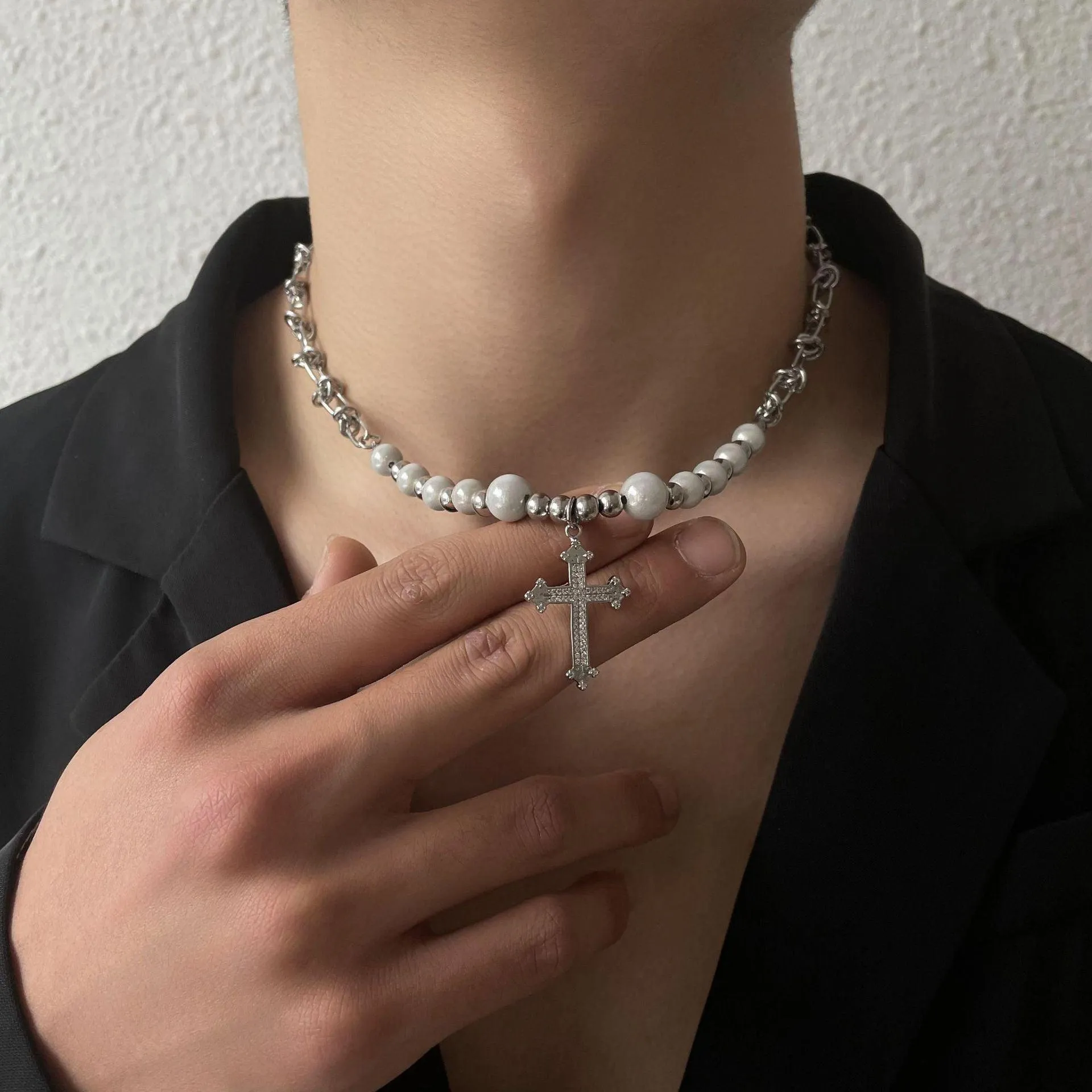 Reflective Pearl Cross Necklace
