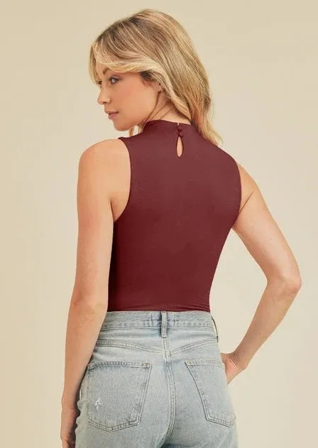 Smooth Mock Neck Bodysuit - Burgundy